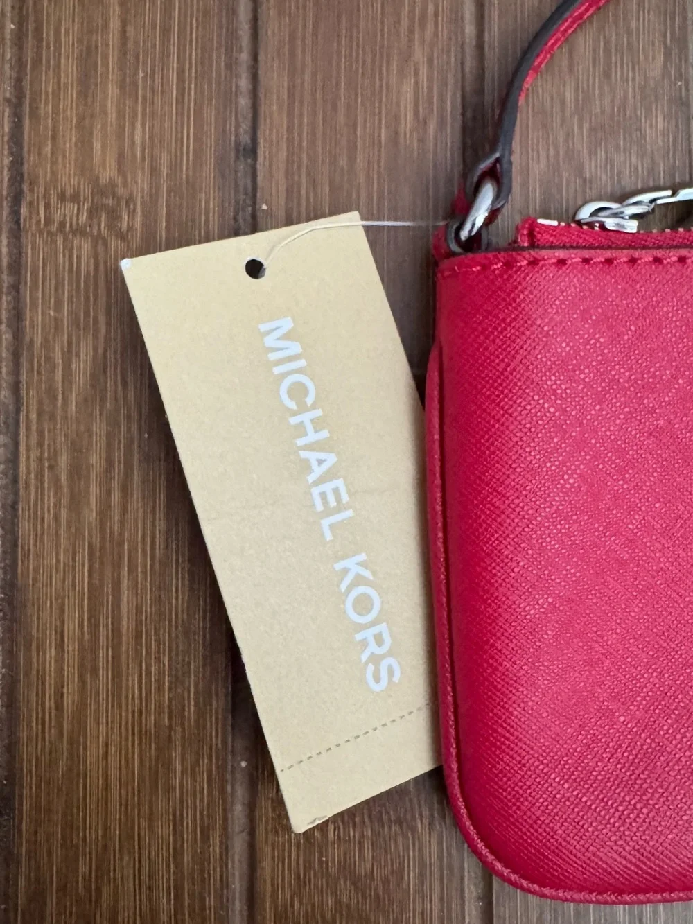 Michael Kors Red Saffiano Zip Wristlet with Metal Logo Plaque
